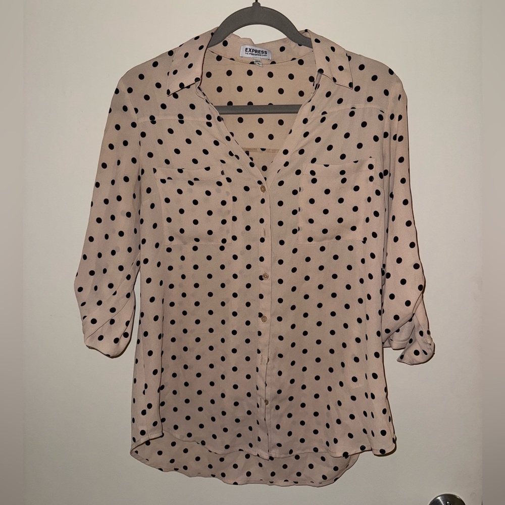 Long sleeved, cream colored, polka dot, button up blouse from Express